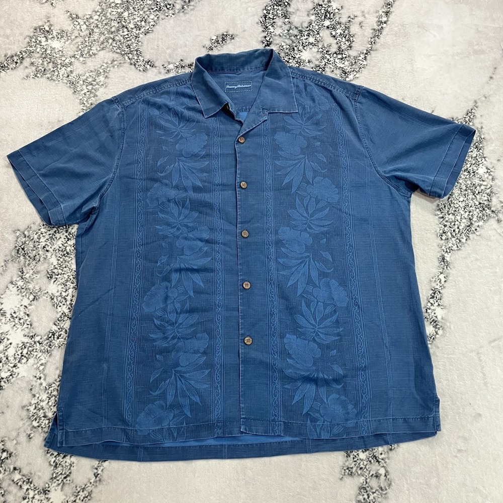 Tommy Bahama 100% Silk Hawaiian Camp Shirt Men's Sz XXL Blue Floral Jacquard